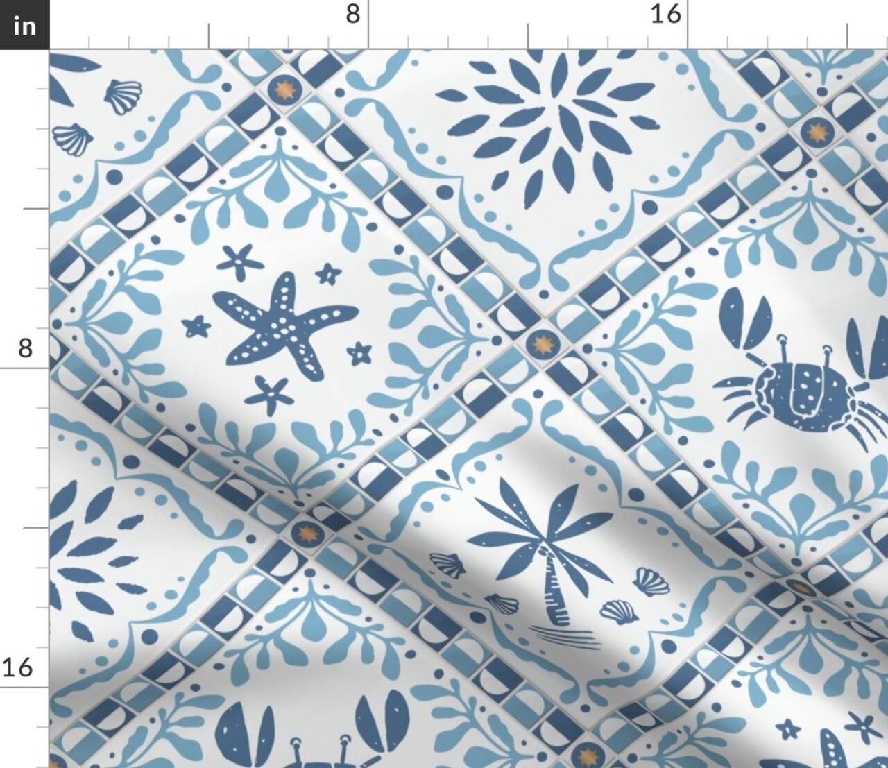 Faux Tile Patchwork Coastal Beach House Starfish Marine Life Preppy Palm Tree Seashells Ocean Under The Sea Grandmother Blue And White Mosaic Custom Printed Fabric by Spoonflower Various Fabrics by the Yard or Fat Quarter